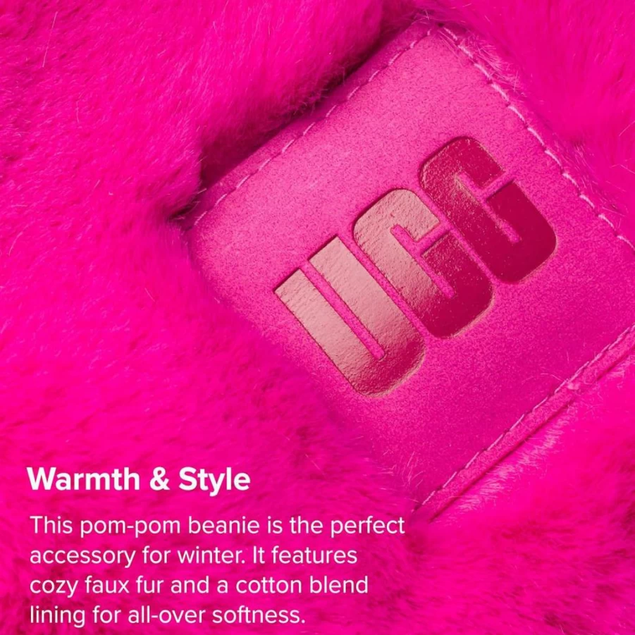 UGG Women's Solferino Pink Faux Fur Pom Beanie - One Size Winter Hat