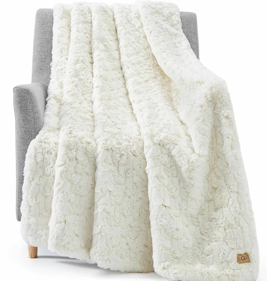 UGG Amanda Reversible Faux Fur Throw Blanket - Super Soft Plush Flannel, Machine Washable, 50x70 Inches, Snow White, for Couch, Sofa & Bed