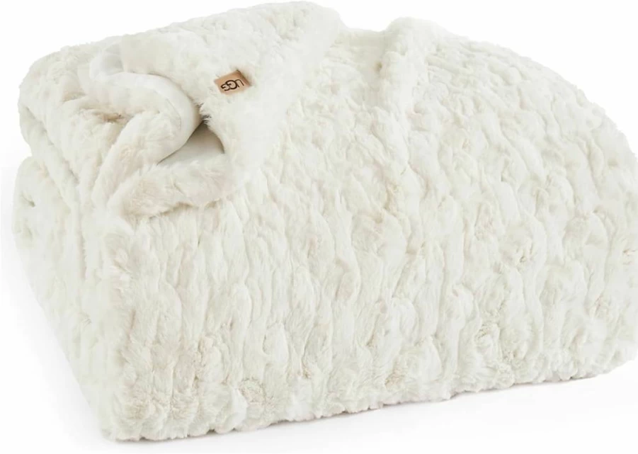 UGG Amanda Reversible Faux Fur Throw Blanket - Super Soft Plush Flannel, Machine Washable, 50x70 Inches, Snow White, for Couch, Sofa & Bed