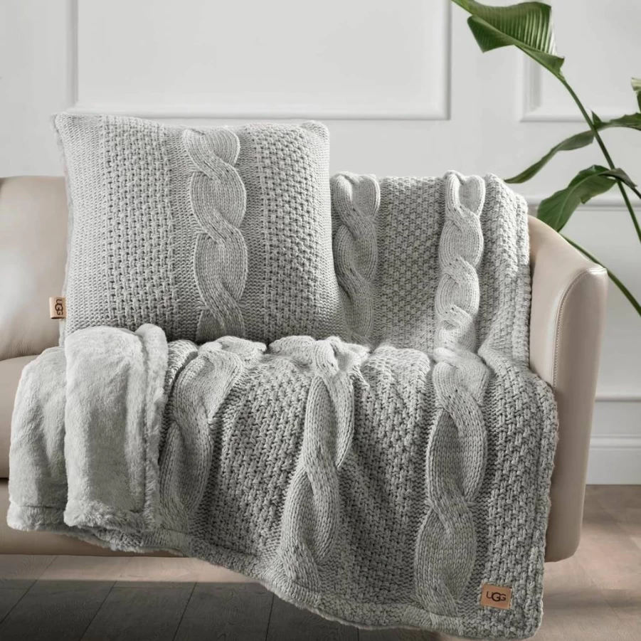 UGG Erie Pillow 20x20 Inch - Ultra Plush Cable Knit with Eyelash Sweater Design, Removable Insert, Cozy Polyester Square Decorative Throw Pillow