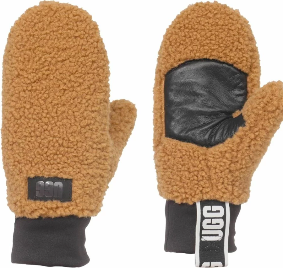 UGG Women's UGGfluff Logo Tape Mittens - Soft Polyester Gloves with Leather Palm Patch for Warmth and Style