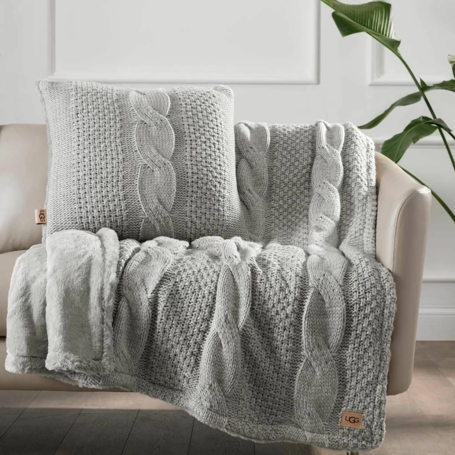UGG Erie Pillow 20x20 Inch - Ultra Plush Cable Knit & Eyelash Sweater Design, Removable Down Feather Insert, Cozy Polyester Back, Square Decorative Throw Pillow, Spot Clean Only