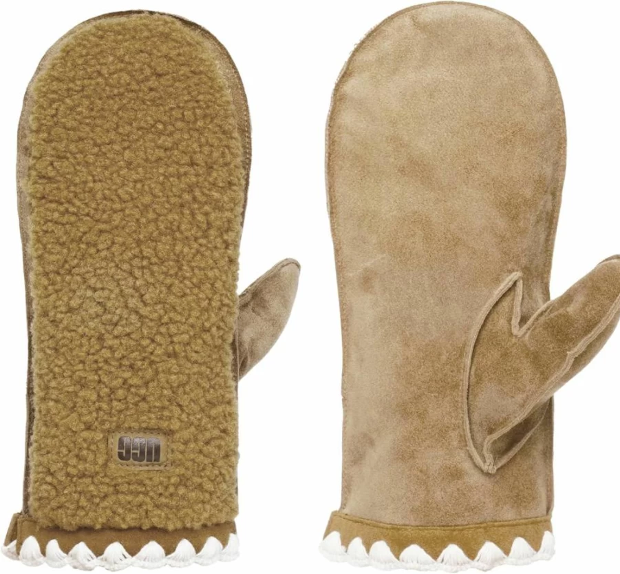 UGG Women's UGGfluff Scalloped Mittens - Genuine Leather Shell, Winter Gloves for Women, Warm Fleece Lined Handwear